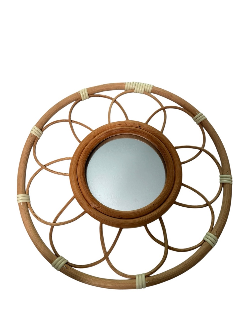 Boho Rattan Flower Wall Mirror Natural Wood Sunburst Round Decor 10.5 Inch